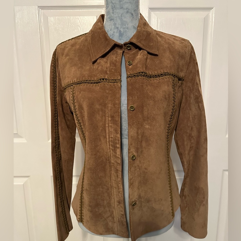 Identity Camel Brown Button Suede Leather Shirt Jacket Shacket Sz 8 Exc. Cond.